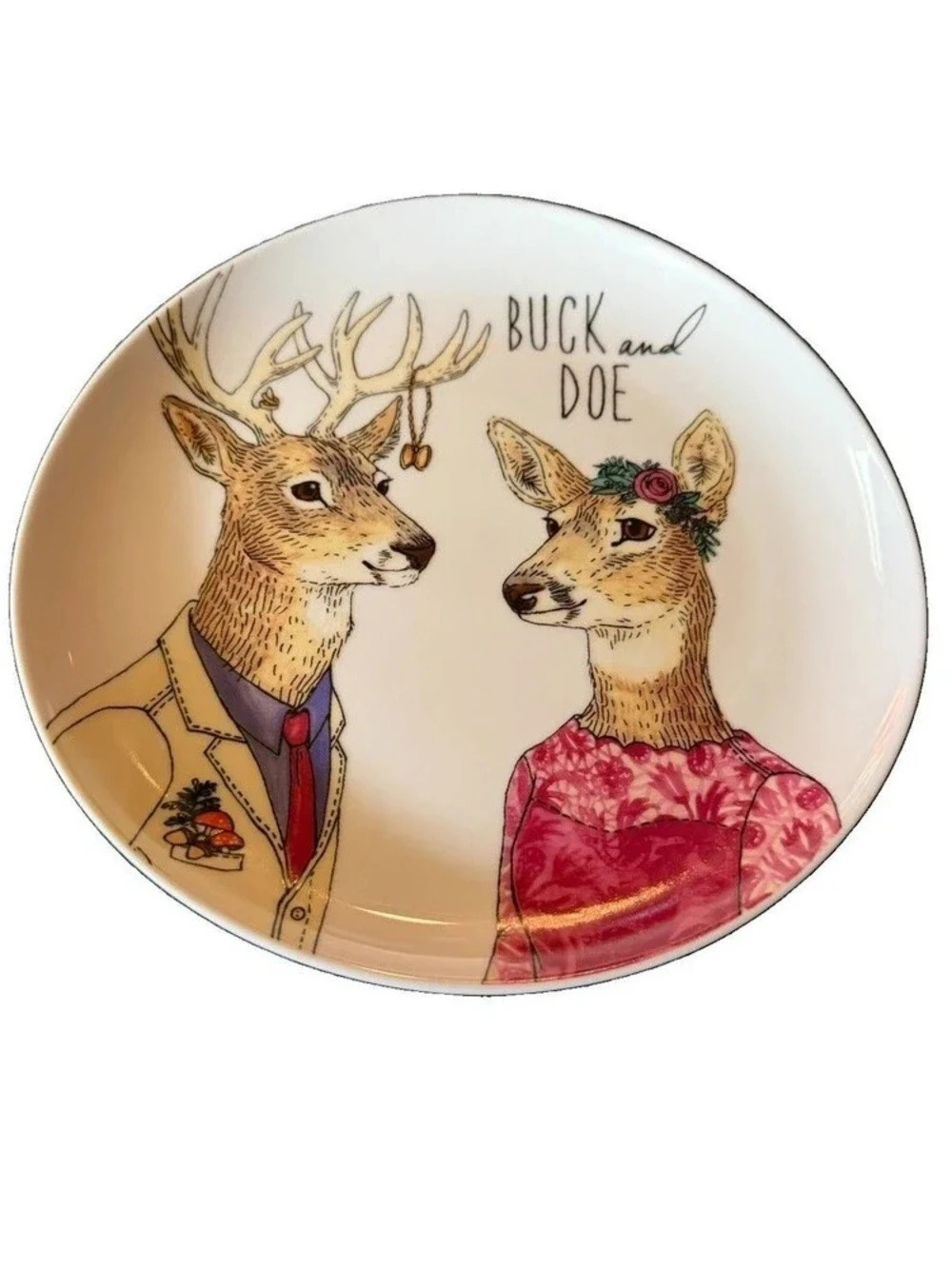 Deer Couple Decorative Plate in Cream & Pink
